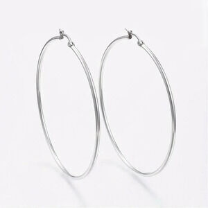 Surgical Stainless Steel Silver Round Minimalist Hoop Earrings 70mm